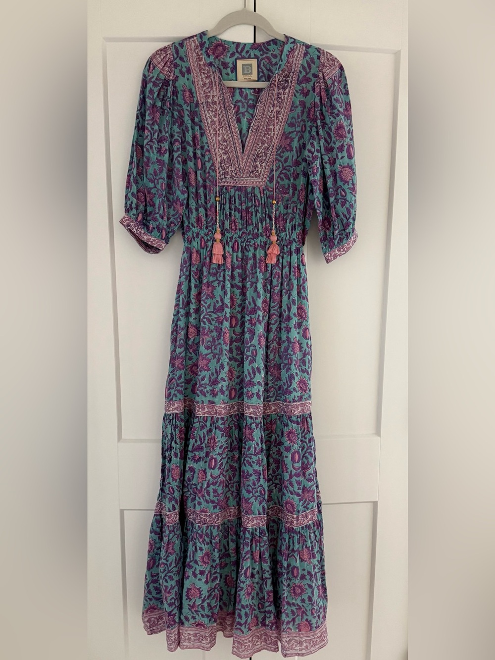Bell by Alicia Bell Teal Block Print Maxi Dress Size Medium